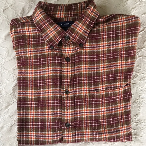 LANDS END Brown Plaid Flannel Shirt Mens L 16-16.5 - Picture 2 of 4